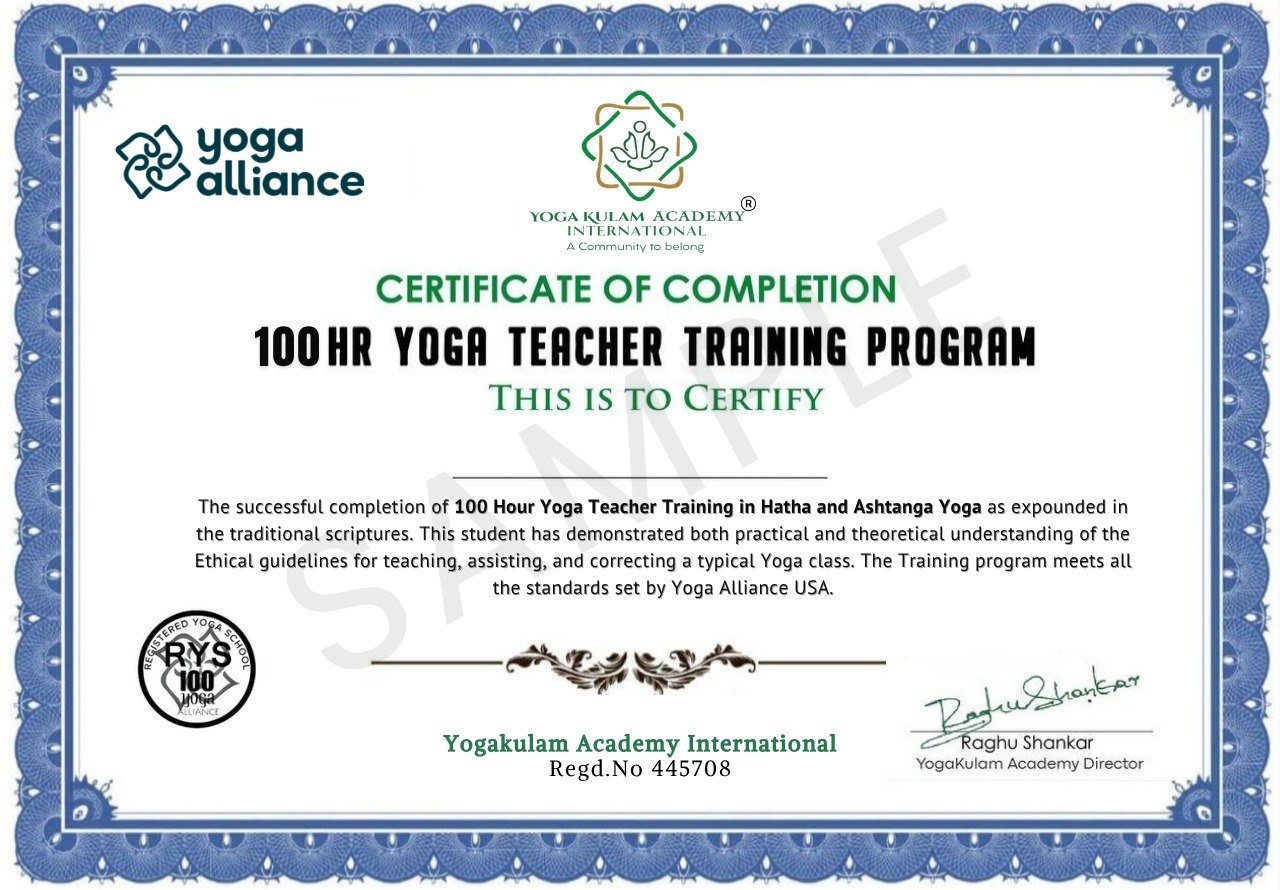 100 Hour Yoga Teacher Training Certificate from Yogakulam Academy