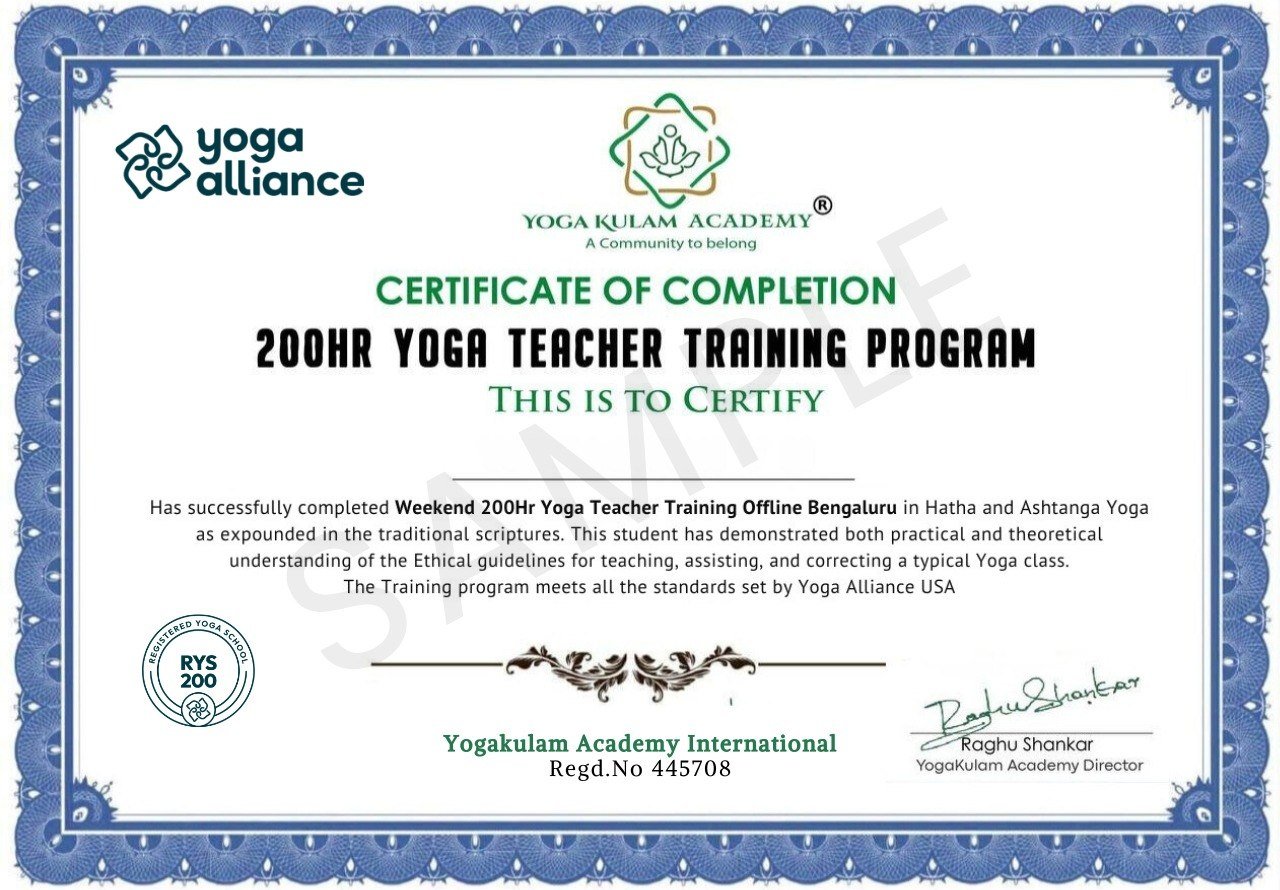200 Hour Yoga Teacher Training Certificate from Yogakulam Academy
