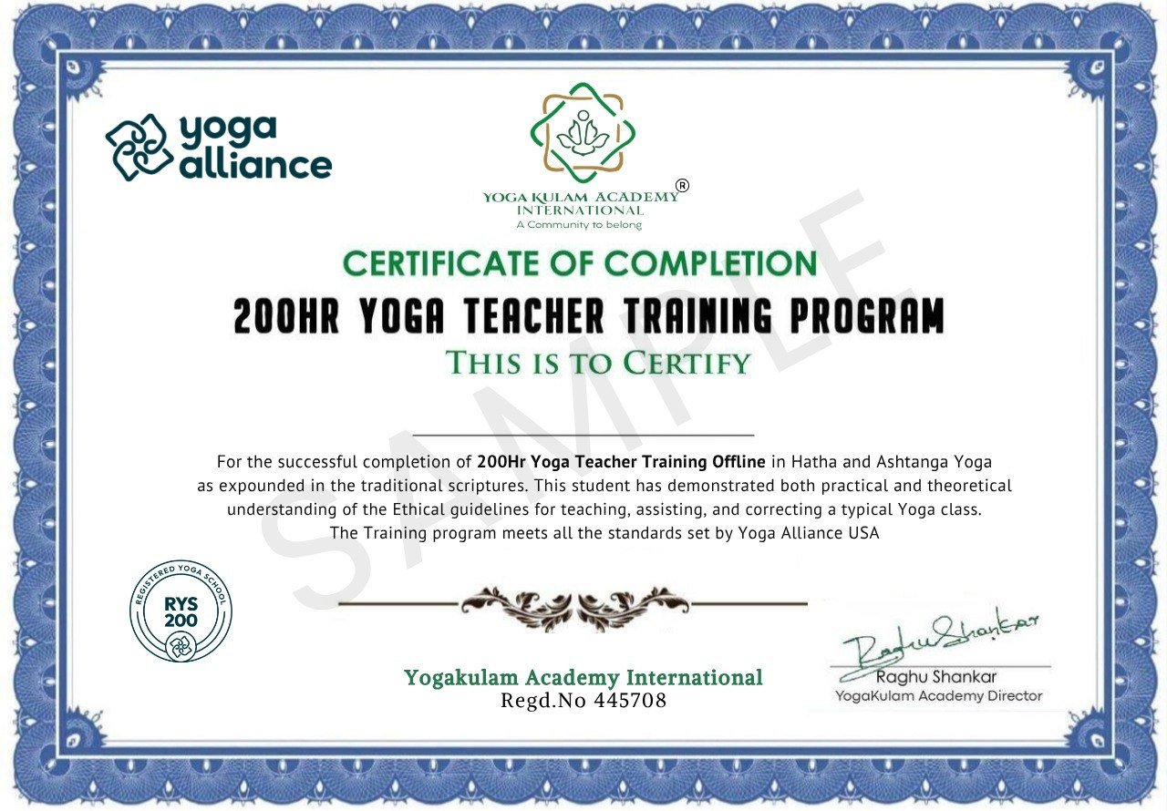 200 Hour Yoga Teacher Training Certificate from Yogakulam Academy