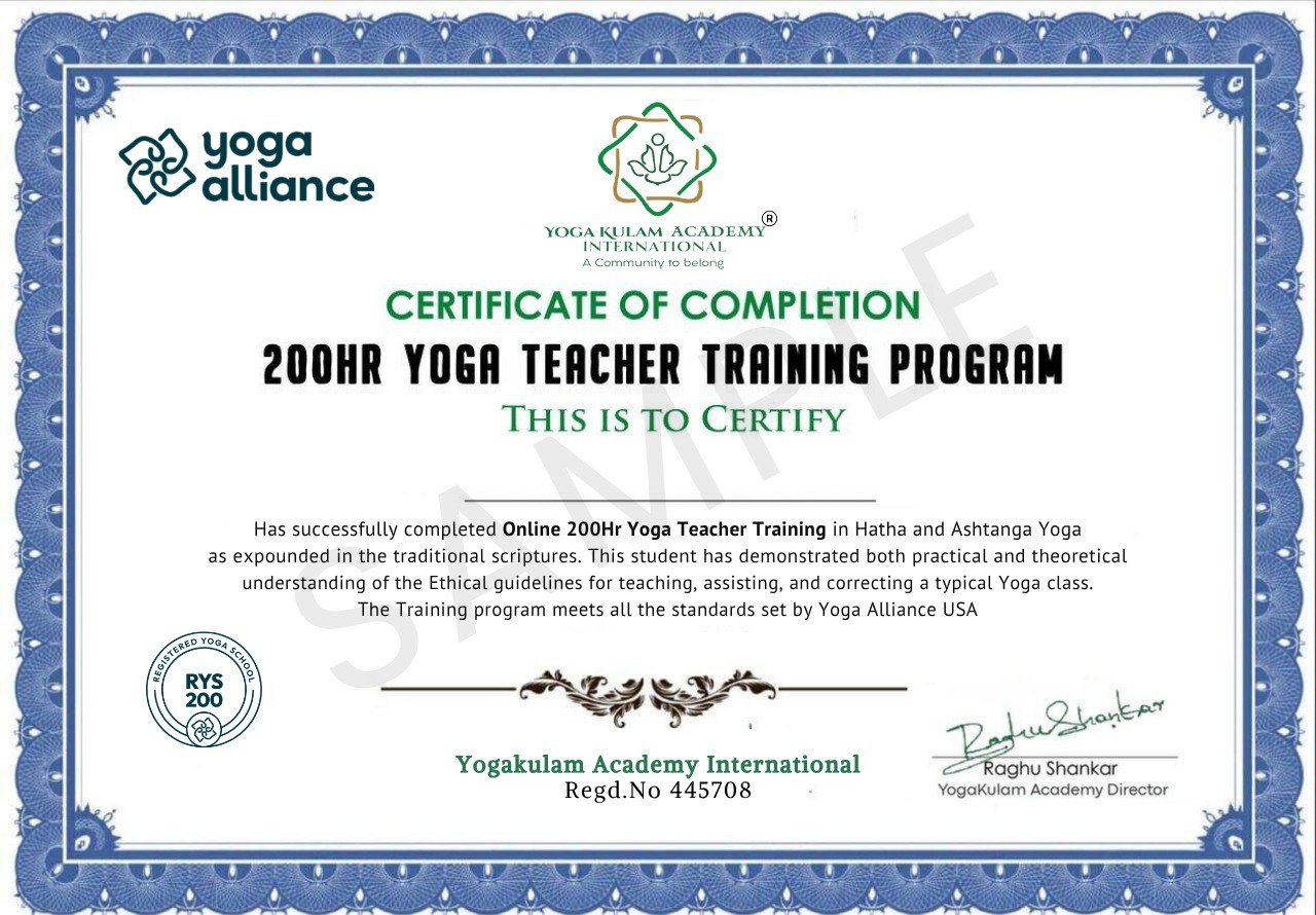 200 Hour Yoga Teacher Training Certificate from Yogakulam Academy