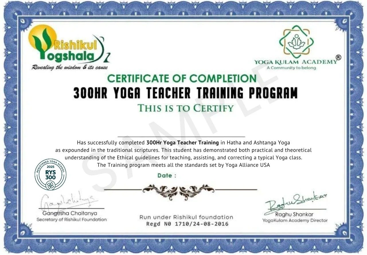 300 Hour Yoga Teacher Training Certificate from Yogakulam Academy