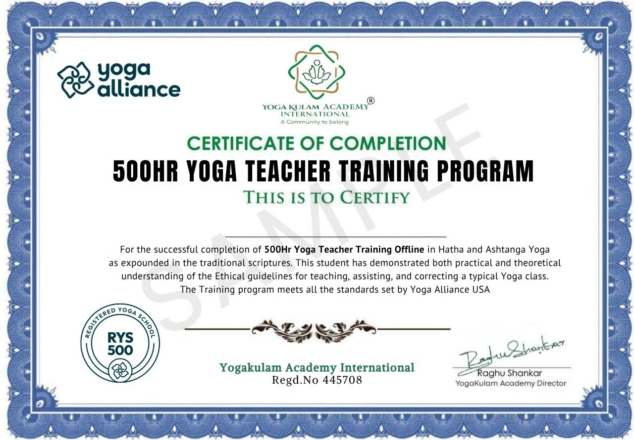 500 Hour Yoga Teacher Training Certificate from Yogakulam Academy