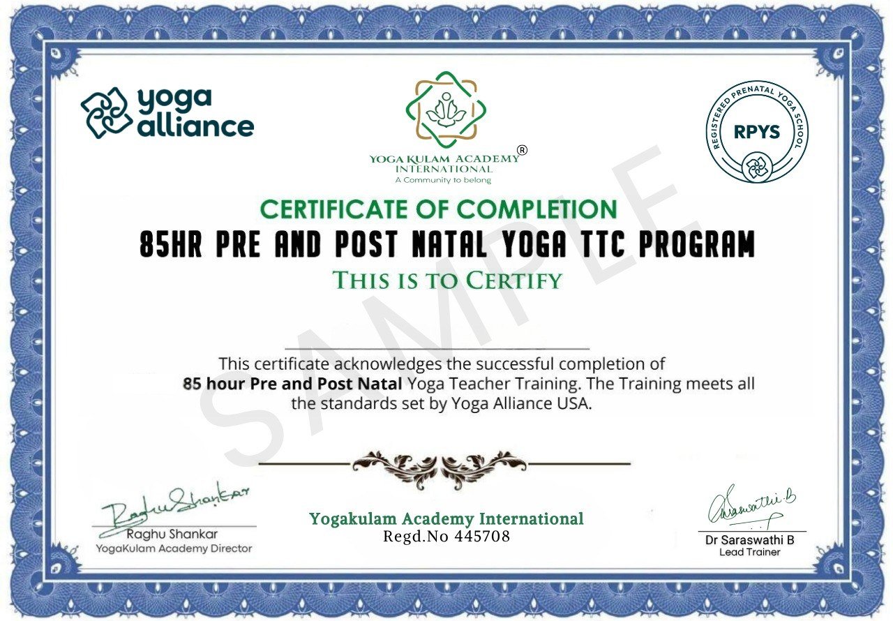 85 Hour Prenatal Yoga Teacher Training Certificate from Yogakulam Academy