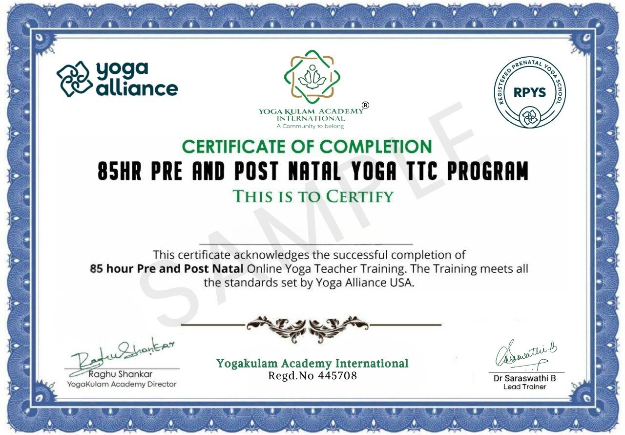 85 Hour Prenatal Yoga Teacher Training Certificate from Yogakulam Academy