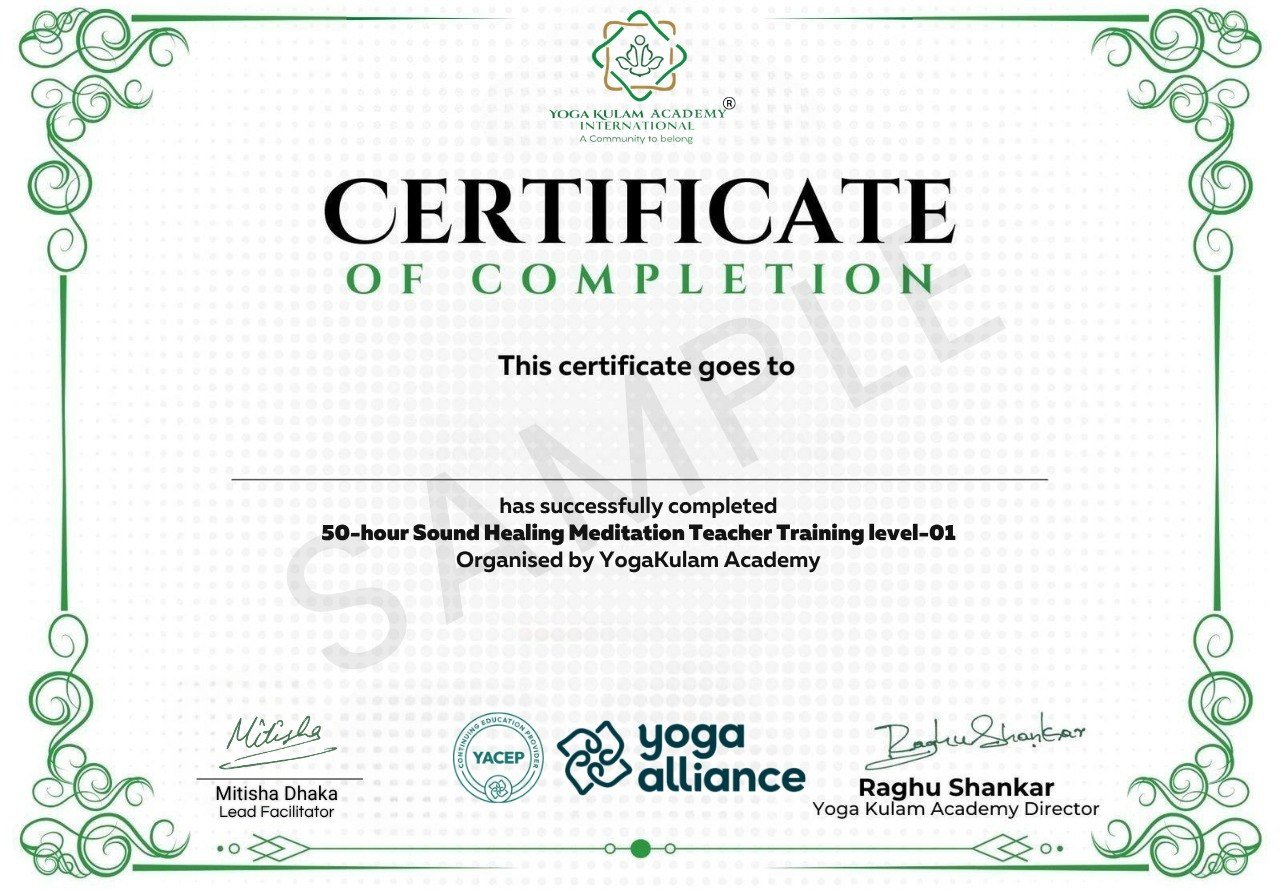 Sound Healing Meditation Course Certificate from Yogakulam Academy