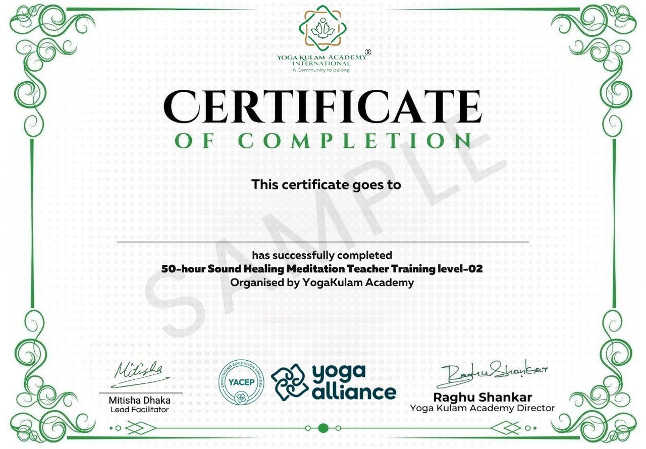 Sound Healing Meditation Course Certificate from Yogakulam Academy